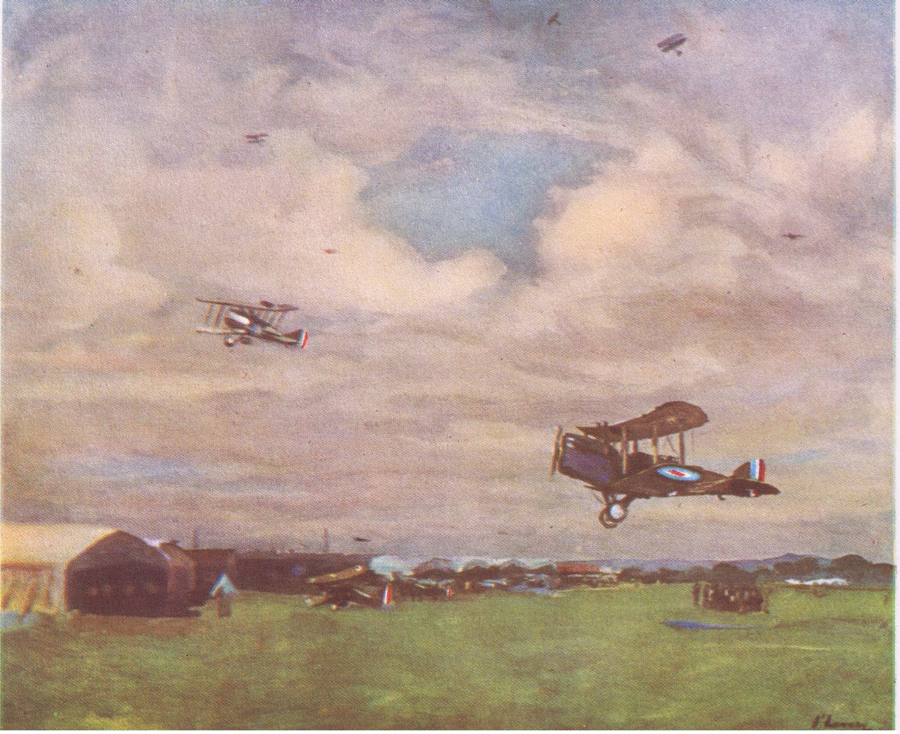 1918年的一个机场，来自1947年柯林斯出版的英国冒险 作者 约翰·拉维里