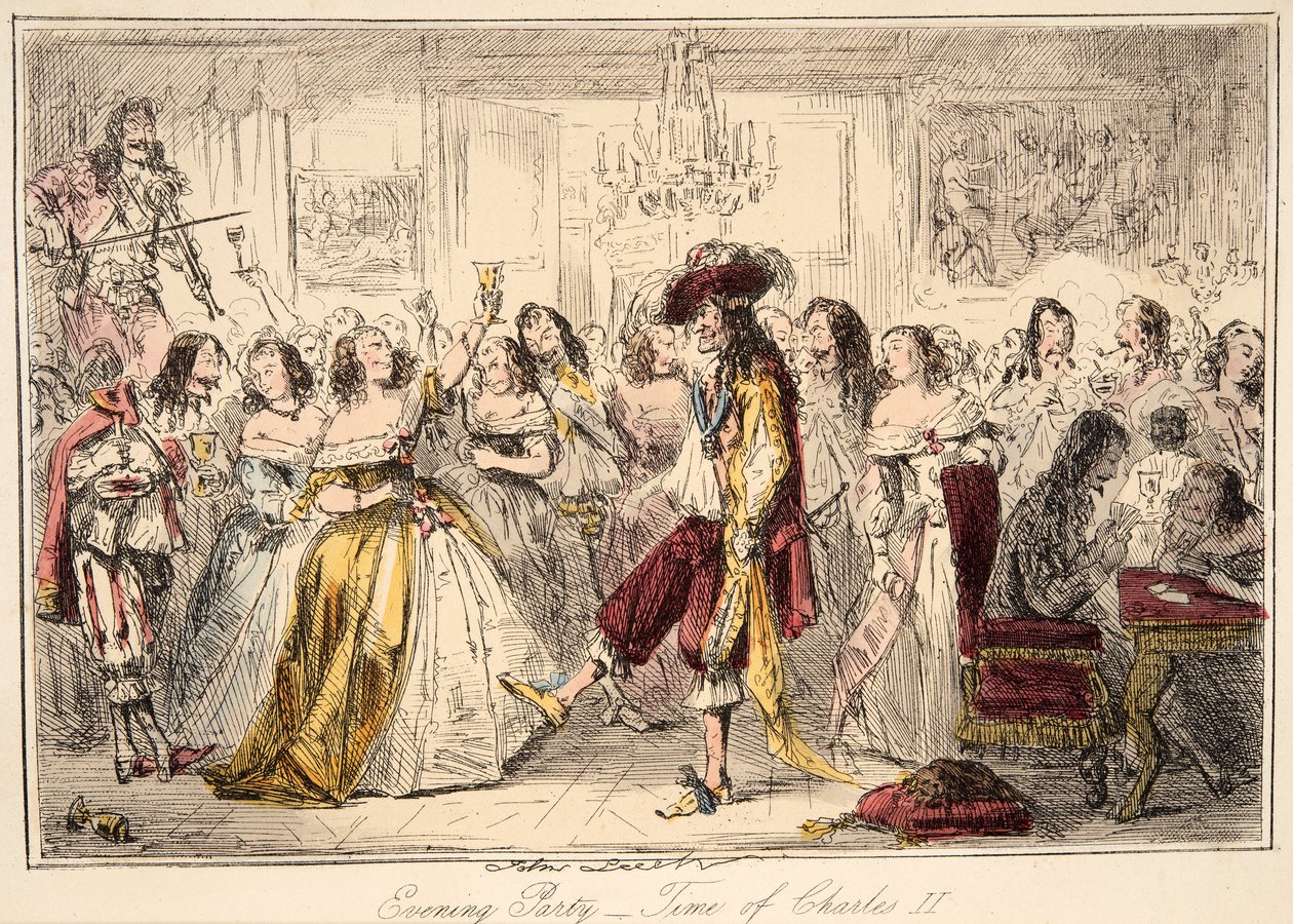 晚会 - 查理二世的时间，来自英国漫画史，酒吧。 1864年（手工彩色蚀刻） 作者 约翰·里奇