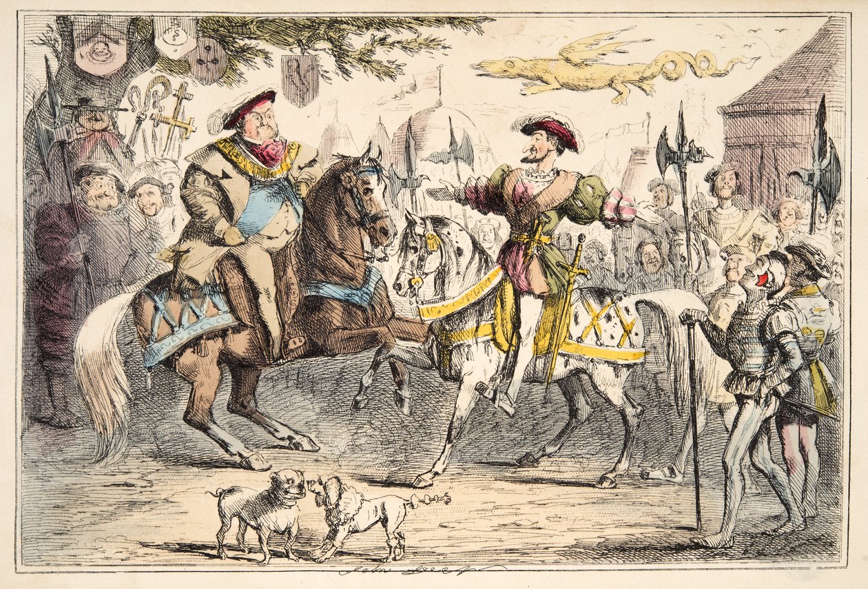 亨利八世会见弗朗西斯一世，来自英国漫画史上的酒吧。 1864年（手工彩色蚀刻） 作者 约翰·里奇
