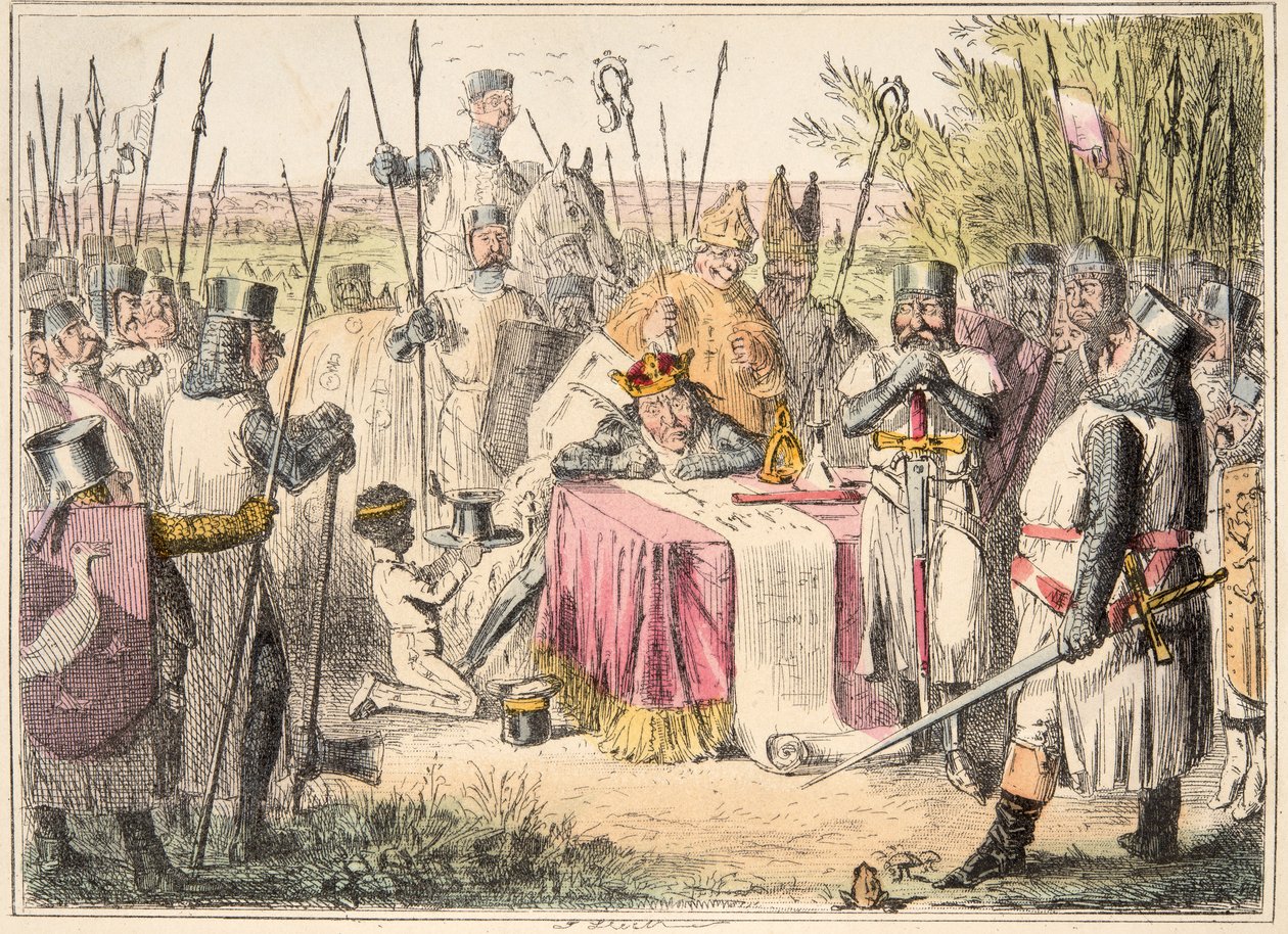 约翰国王签署大宪章，来自英国漫画史，酒吧。 1864年（手工彩色蚀刻） 作者 约翰·里奇