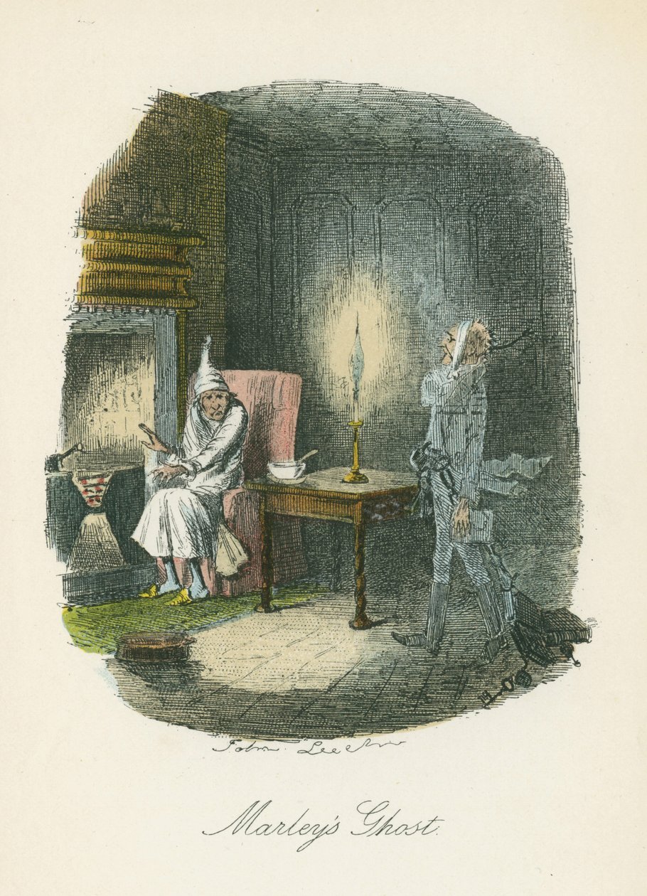 马利的鬼魂出现在史克鲁奇面前。 约翰·里奇（John Leech，1817-64 年）为查尔斯·狄更斯《圣诞颂歌》绘制的插图，伦敦，1843-1844 年。 作者 约翰·里奇