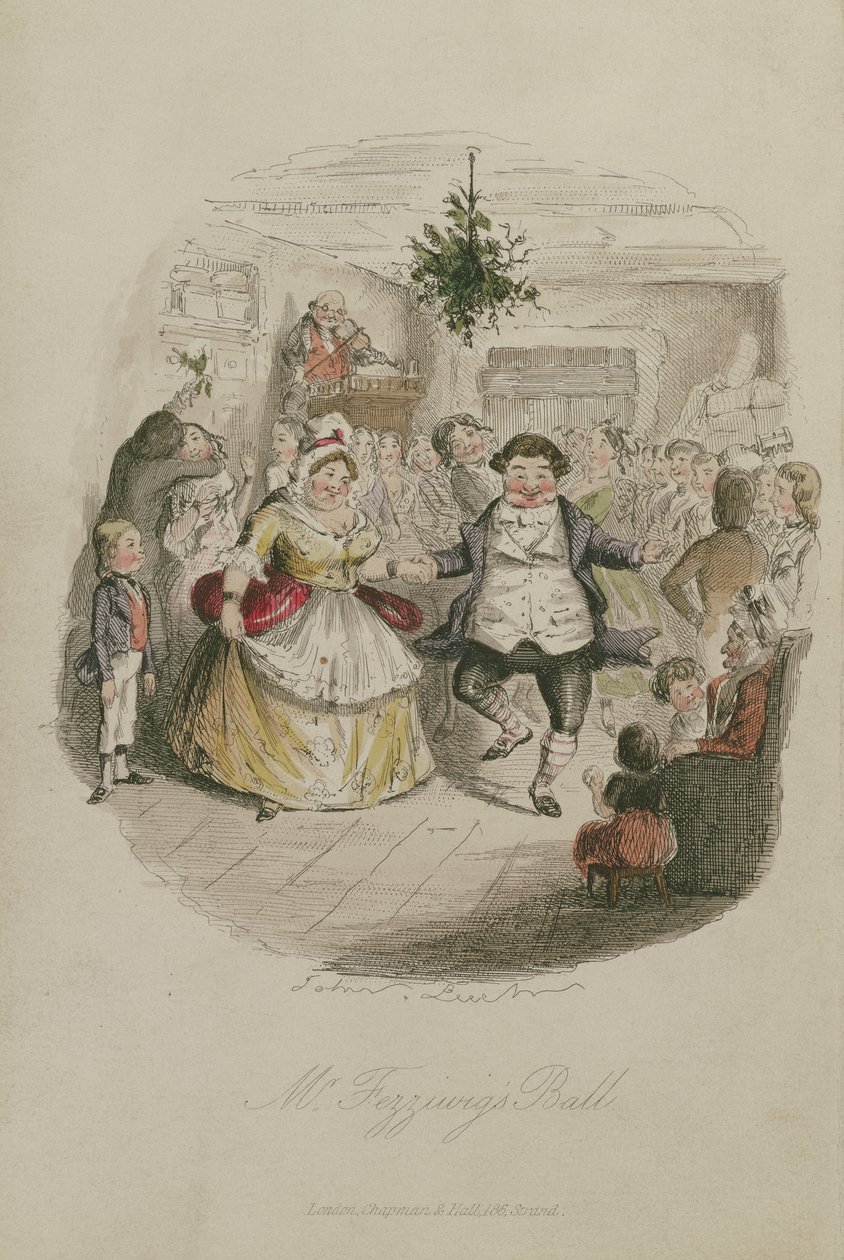 Fezzywigs Ball先生，来自查尔斯狄更斯（1812-1870）的A Christmas Carol插图，pub.1843（手工彩色雕刻） 作者 约翰·里奇