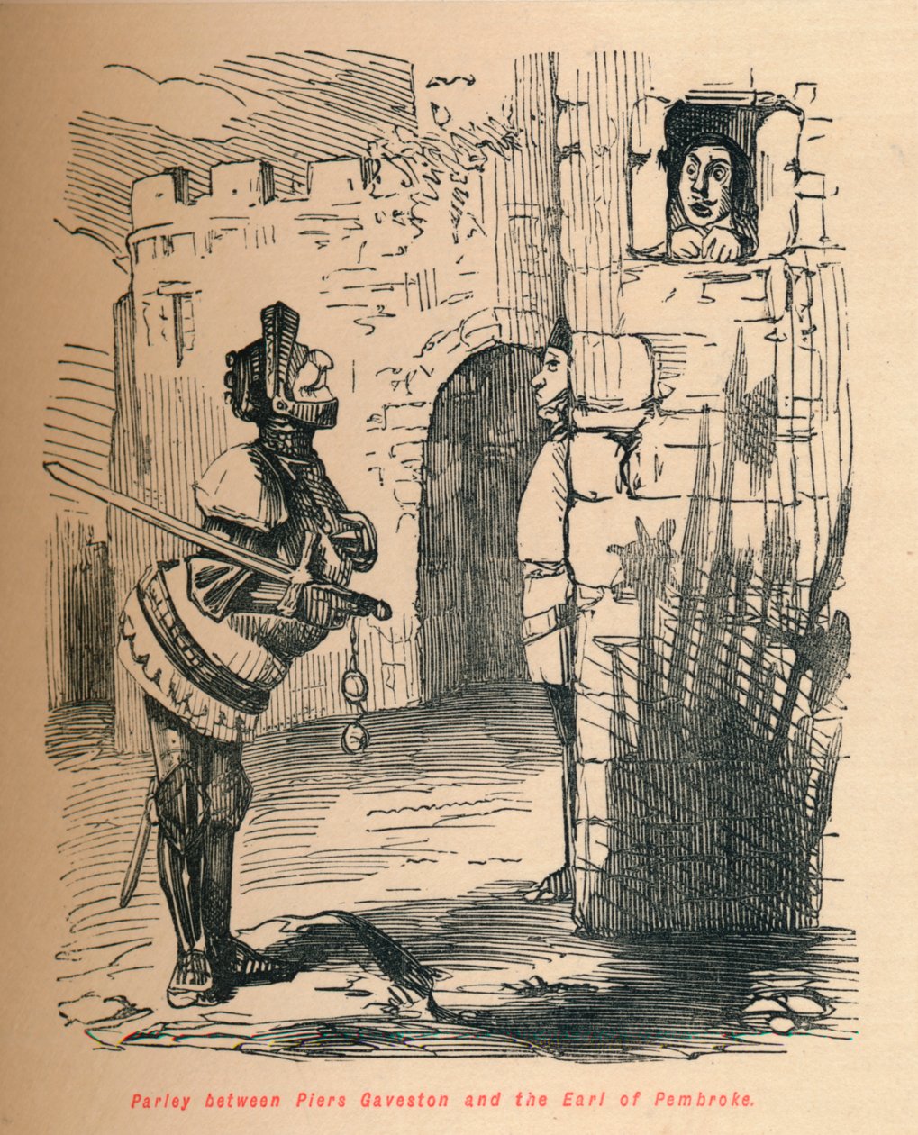 皮尔斯·加维斯顿（Piers Gaveston）和彭布罗克伯爵（Pembroke）之间的小岛。，c1860，c1860 作者 约翰·里奇