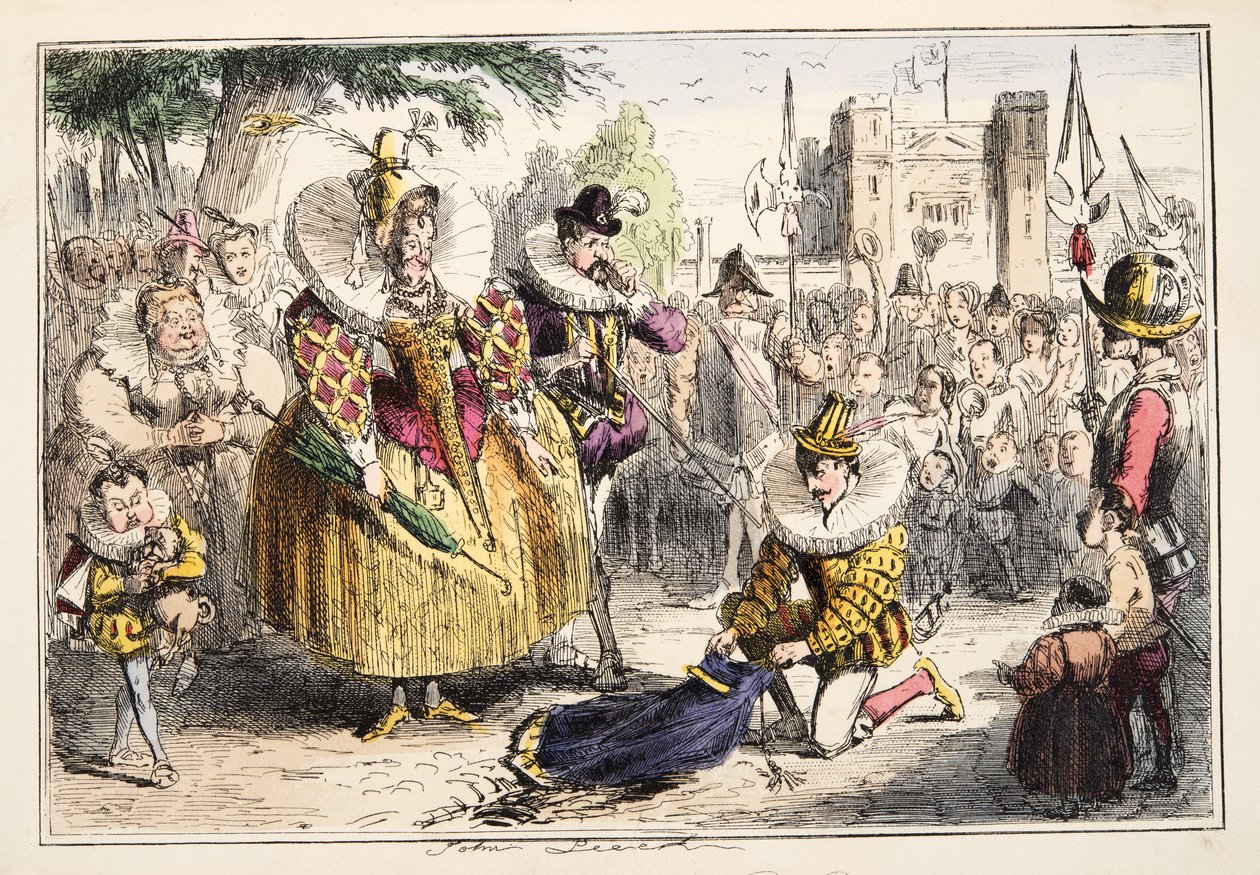 伊丽莎白女王和沃尔特罗利爵士，来自英国漫画史上的酒吧。 1864年（手工彩色蚀刻） 作者 约翰·里奇