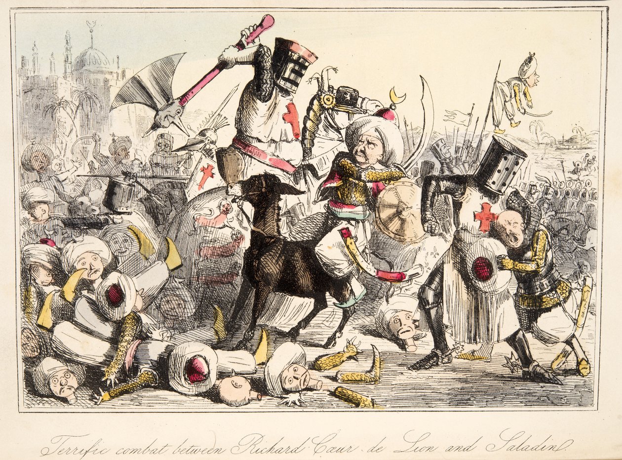 Richard Coeur de Lion和来自英国漫画历史的萨拉丁之间的绝佳战斗，酒吧。 1864年（手工彩色蚀刻） 作者 约翰·里奇