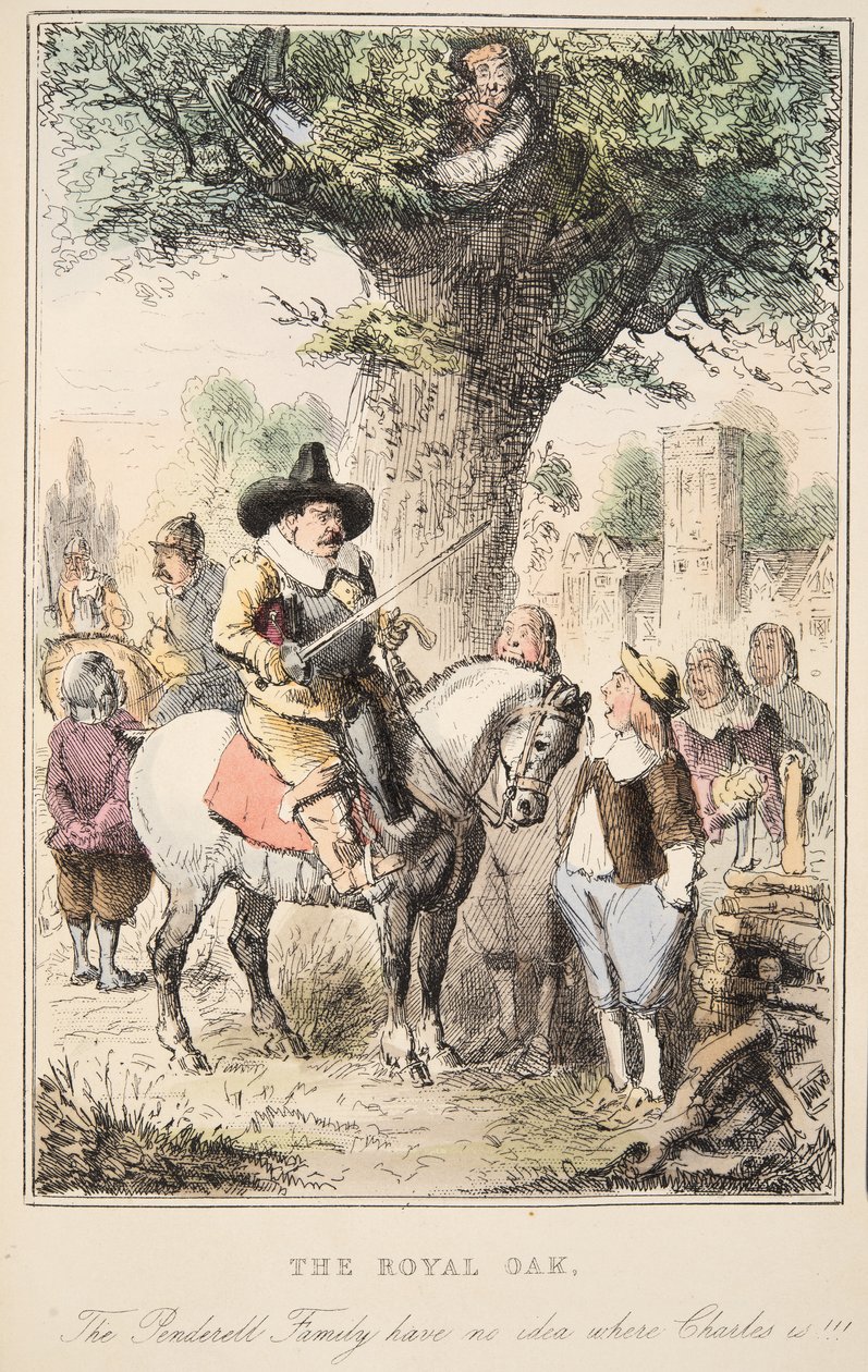 皇家橡树。 Penderell家族不知道查尔斯在哪里!!!，来自英国漫画史上的酒吧。 1864年（手工彩色蚀刻） 作者 约翰·里奇
