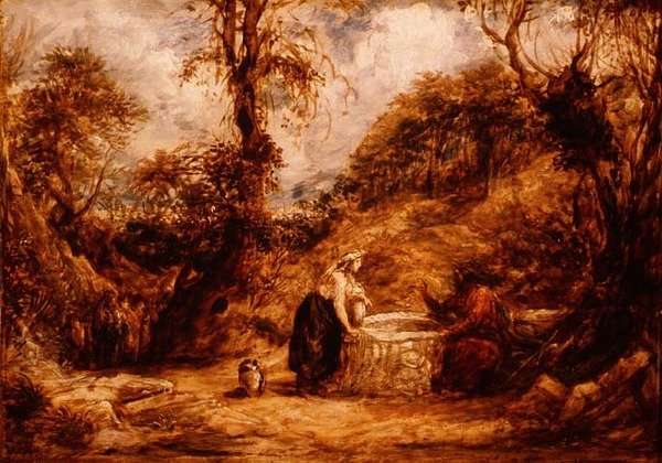 雅各布井边的基督和撒玛利亚的女人，约1850-60（油画板）。 作者 约翰·林内尔