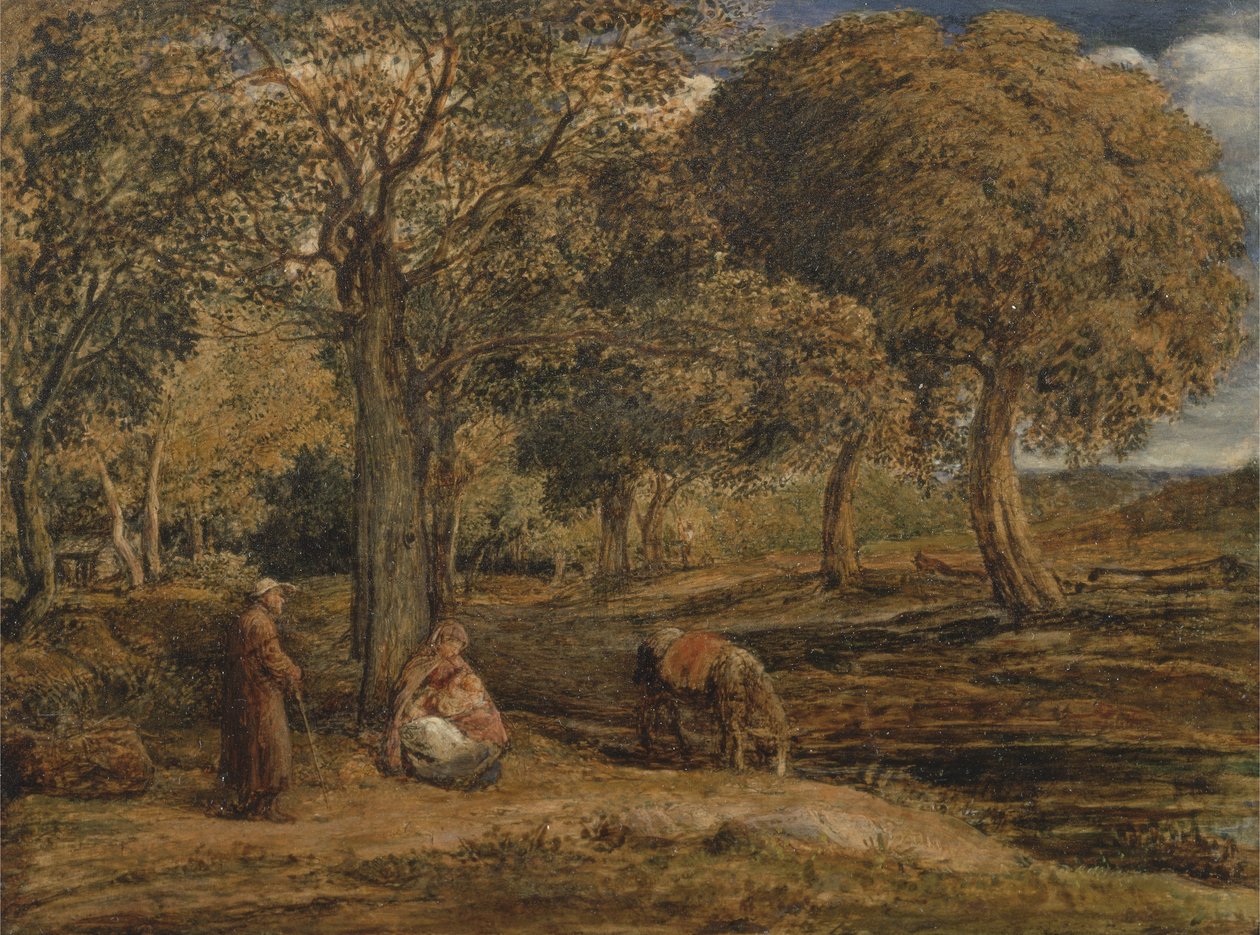 与家人团聚的风景，可能是进入埃及的航班上的其余时间，约1827年（面板上的油） 作者 约翰·林内尔