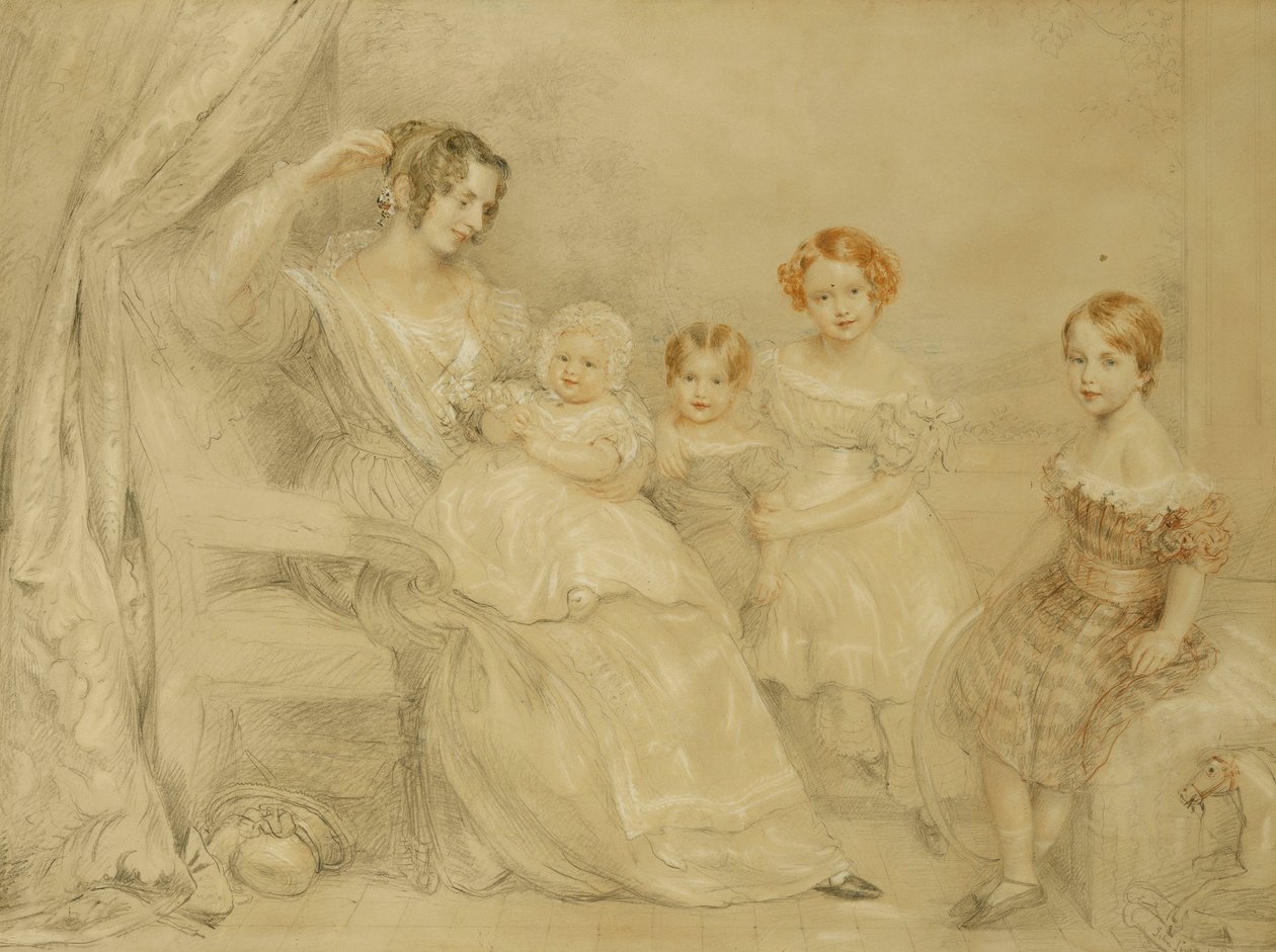 WS Fry夫人和她的四个孩子的画像：艾玛，威利，朱莉和乔治娜，坐在室内，1840年 作者 约翰·林内尔