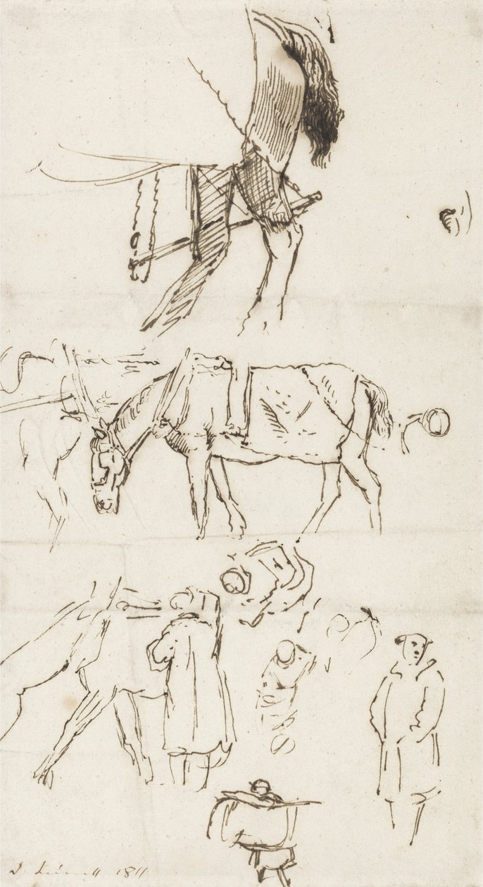 马匹，男人和马车的研究，1811年（笔和棕色墨水在纸上） 作者 约翰·林内尔