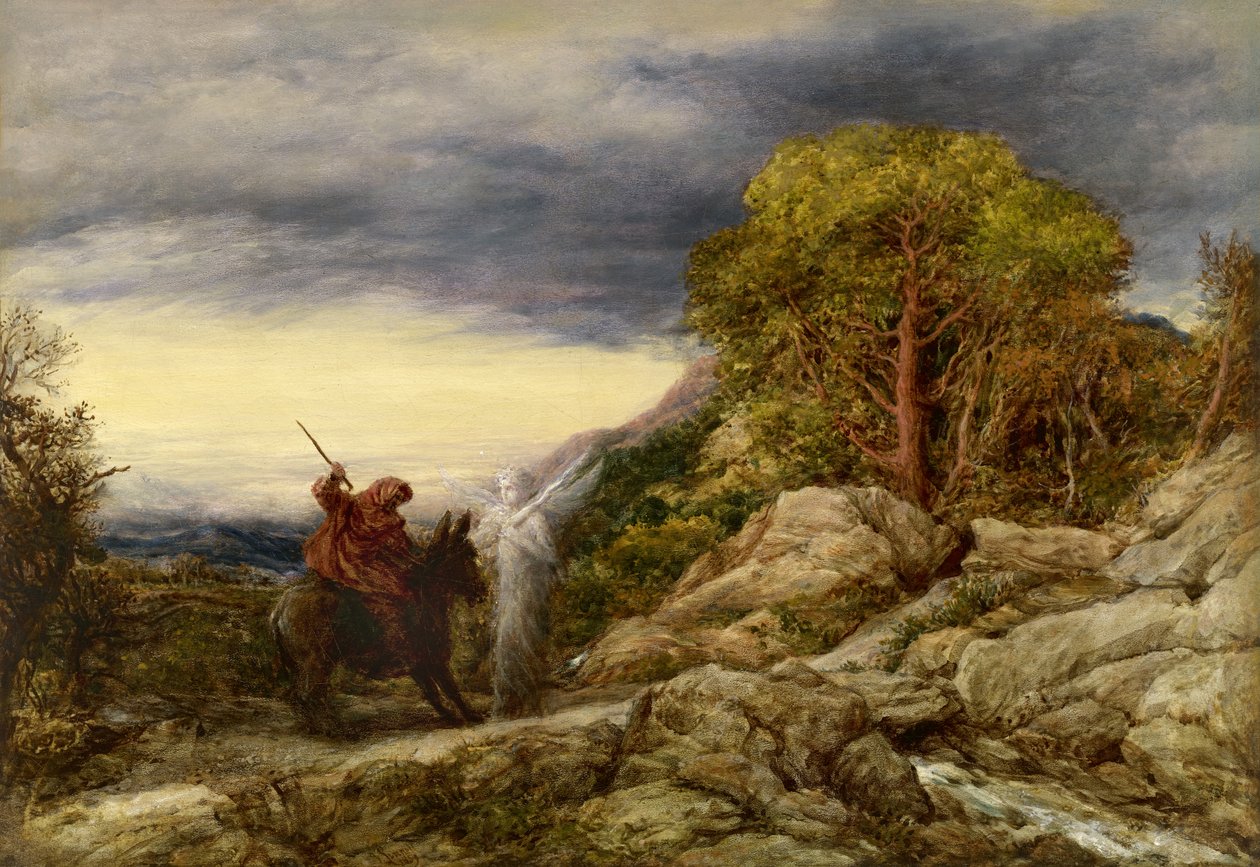 先知巴兰和天使，1859年（纸上油画，放在画布上） 作者 约翰·林内尔
