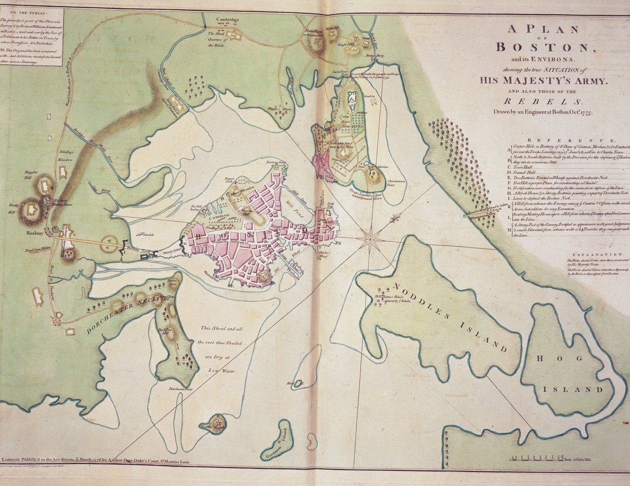 波士顿及其周边地区的平面图，显示英军和美国叛军的位置，1775 年 10 月绘制，印在《北美地图集》上 作者 约翰·洛奇