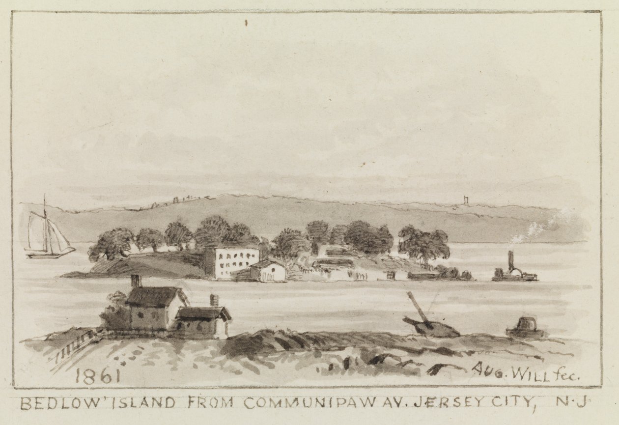 来自新泽西州泽西市Communipaw Av。的Bedlow岛，1861年 作者 约翰·奥古斯特·威尔