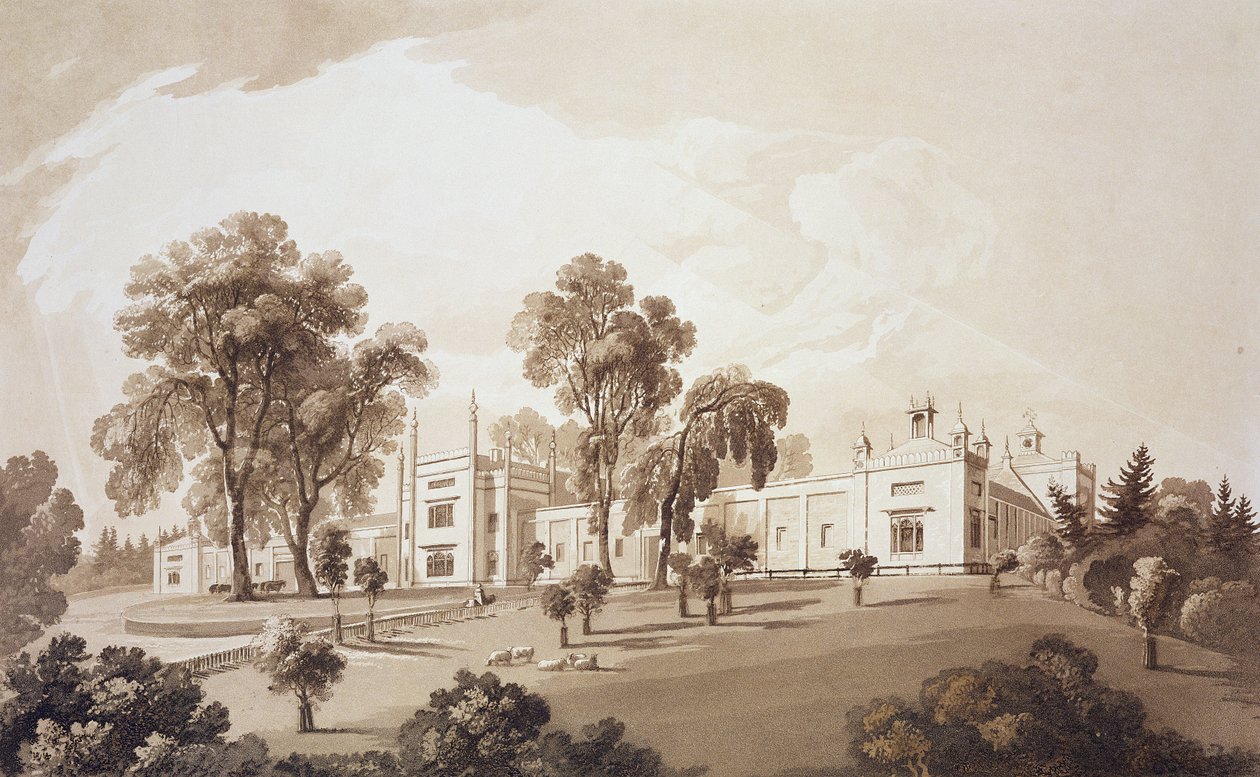 农舍的视图与屏幕到马厩和农场建筑到Sezincote House，由Frederick Christian Lewis Snr雕刻。 （1779-1856），c.1817-18（sepia aquatint） 作者 约翰·马丁