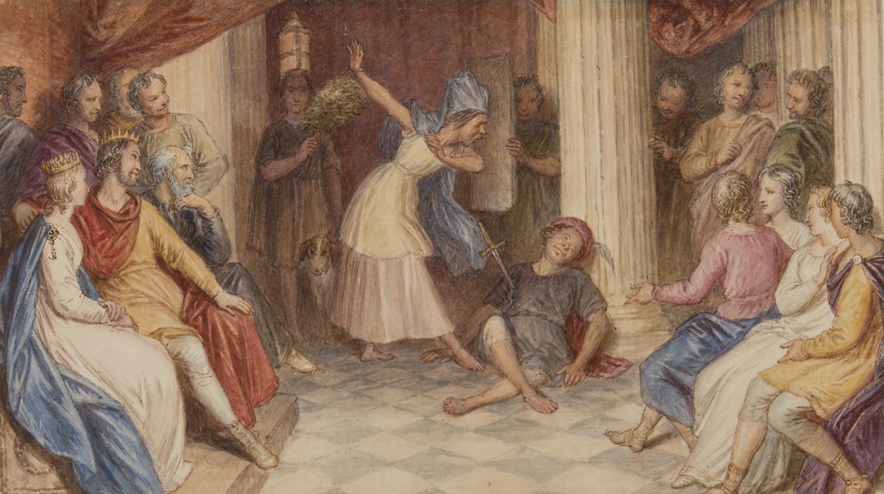 Pyramus和Thisbe，仲夏夜之梦，第五幕，场景一，c.1840（纸上写着wc） 作者 约翰·梅西·赖特