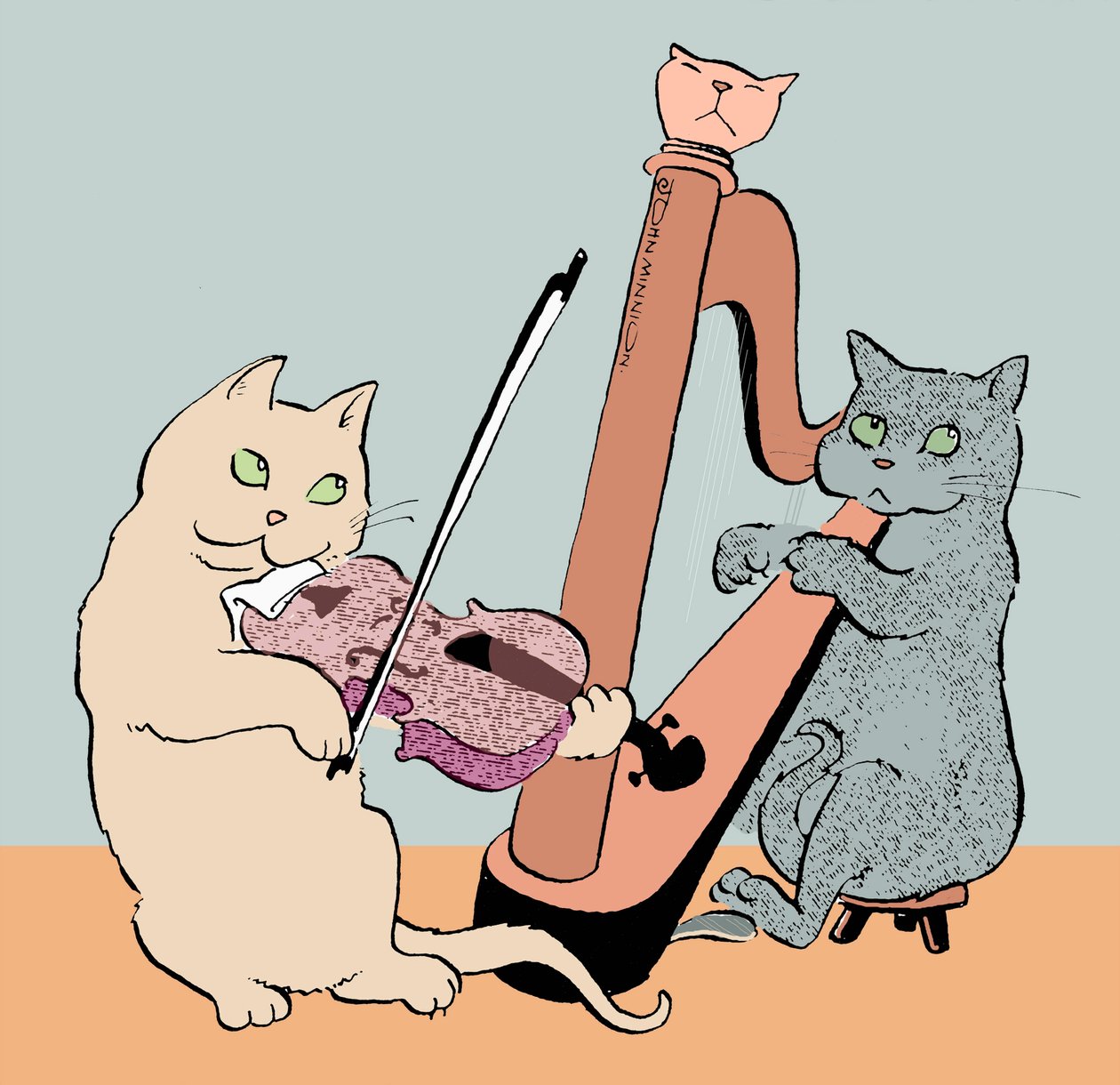 两只猫演奏竖琴和中提琴的漫画 作者 约翰·明尼恩