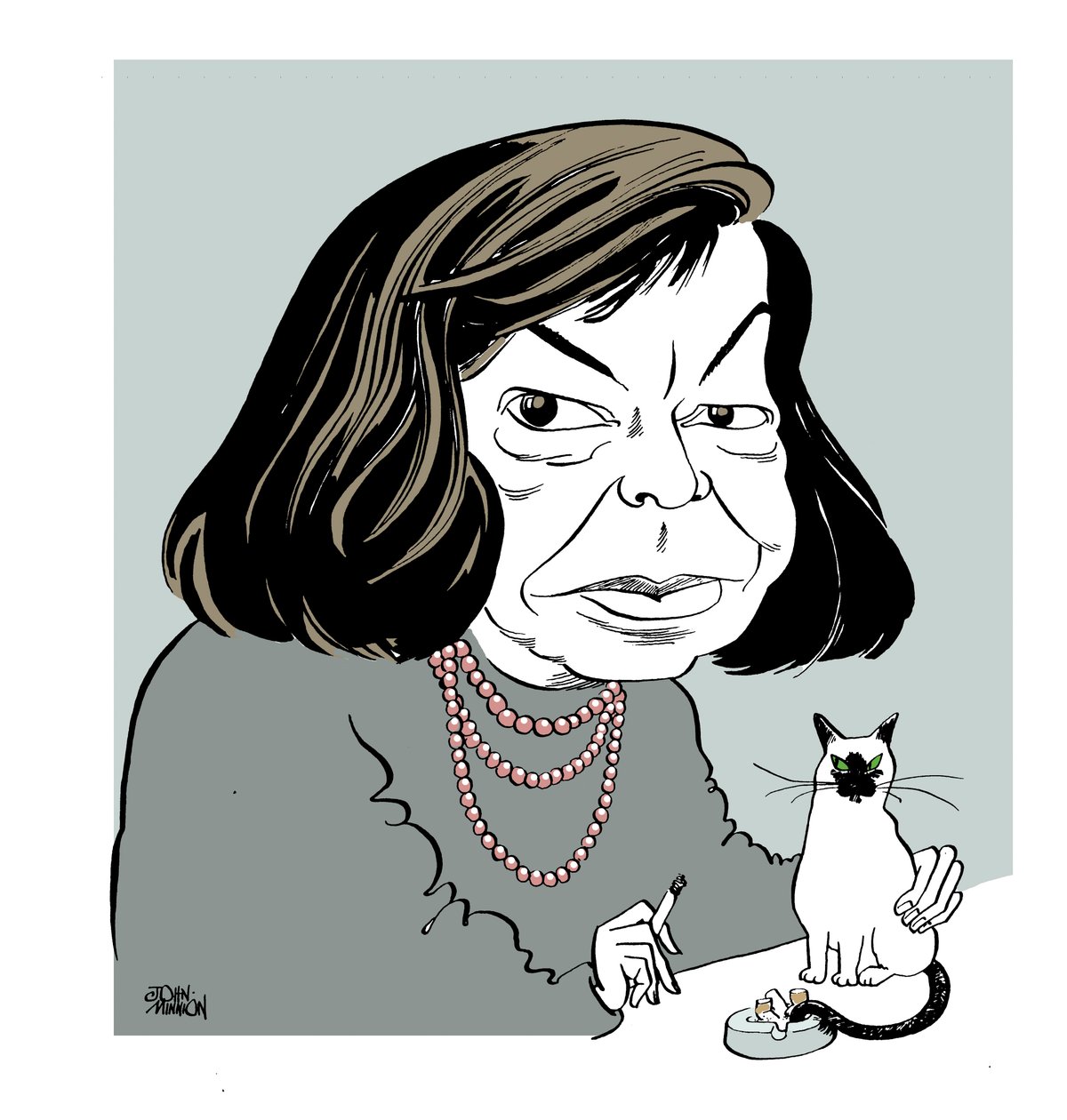 帕特里夏-海史密斯（Patricia Highsmith）--与她的猫在一起的漫画，吸烟 作者 约翰·明尼恩