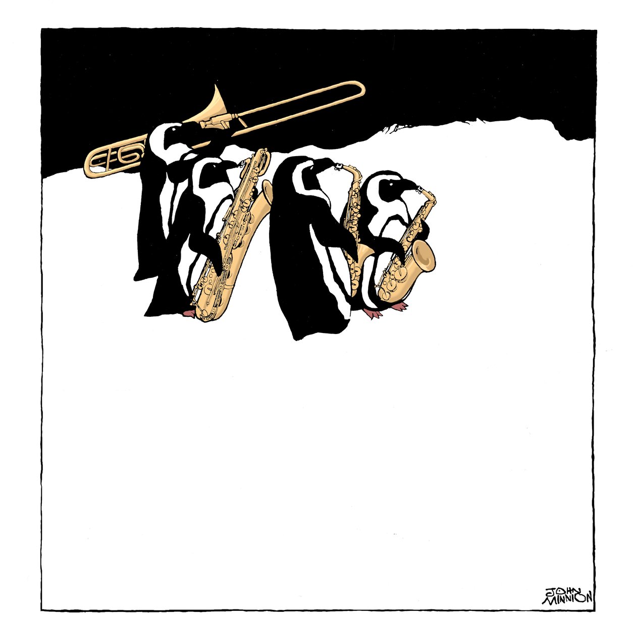 企鹅乐队 - 一群企鹅演奏铜管乐器（长号和萨克斯）的漫画形象 作者 约翰·明尼恩