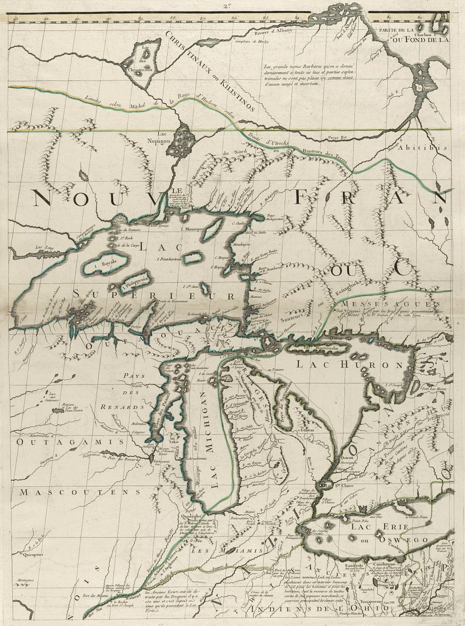 美国1756年英国和法国统治地图（在纸上刻有轮廓颜色） 作者 约翰·米切尔