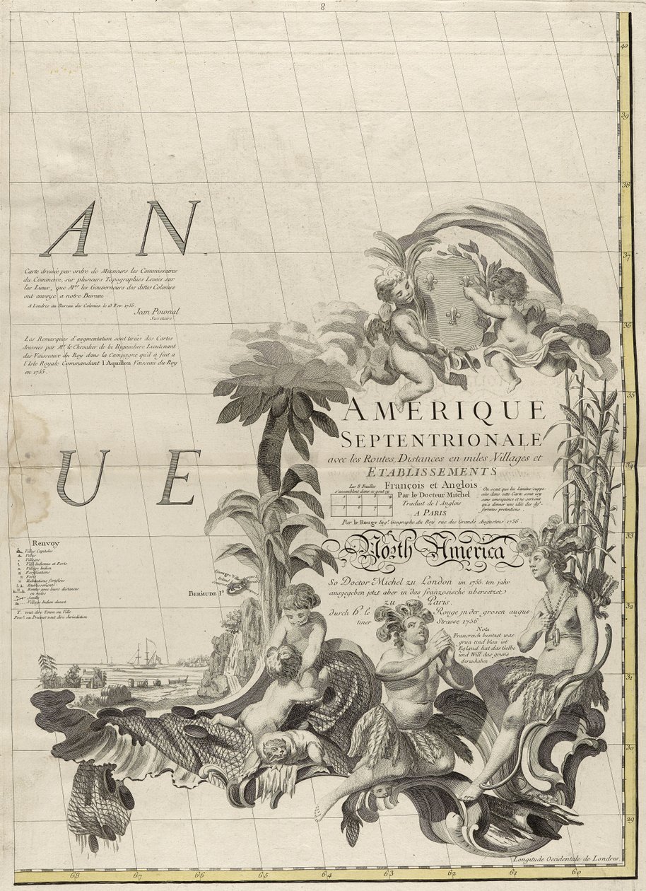 美国1756年英国和法国统治地图（在纸上刻有轮廓颜色） 作者 约翰·米切尔