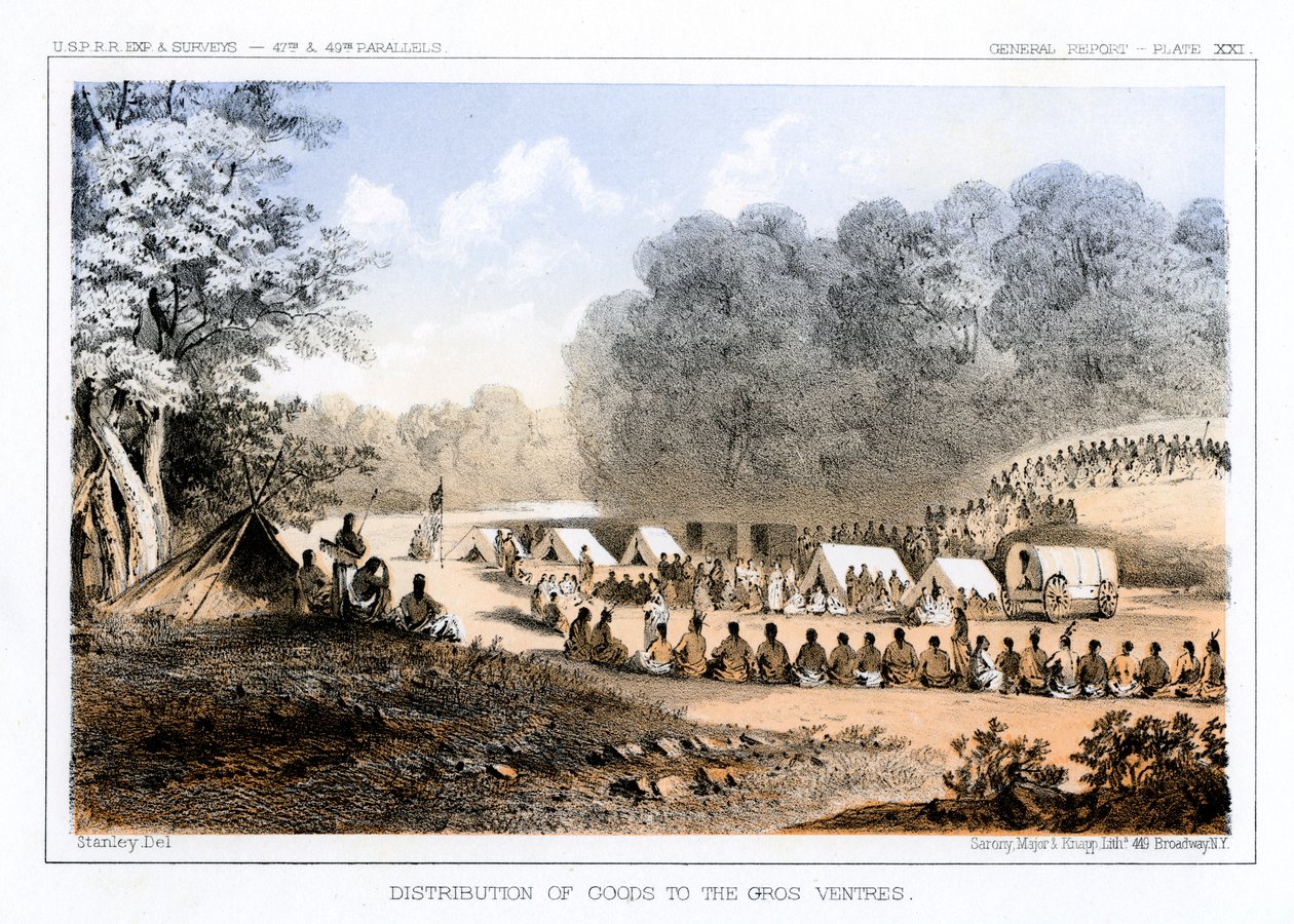 1853年8月26日向Gros Ventres分发货物。 作者 约翰·史密斯（John Mix Stanley）