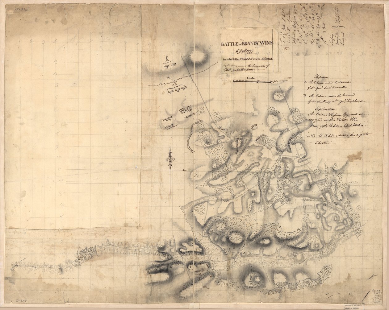 1777 年 9 月 11 日的布兰迪温战役。1777年9月11日的布兰迪温战役，在这场战役中，叛军被威尔姆.豪将军指挥的军队击败。Howe.LOC gm71000927 作者 约翰·蒙特索