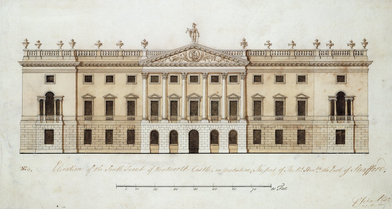温特沃斯城堡（Wentworth Castle），南面设计，约1760年（纸笔，水彩笔） 作者 约翰·普拉特
