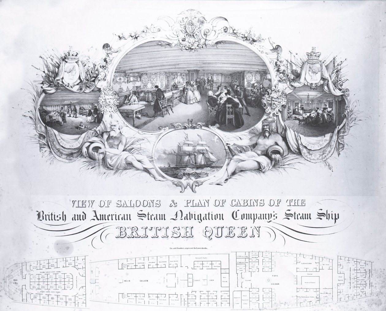 英国女王号蒸汽船的沙龙图和船舱图，约1839年（平版）。 作者 约翰·R·艾萨克