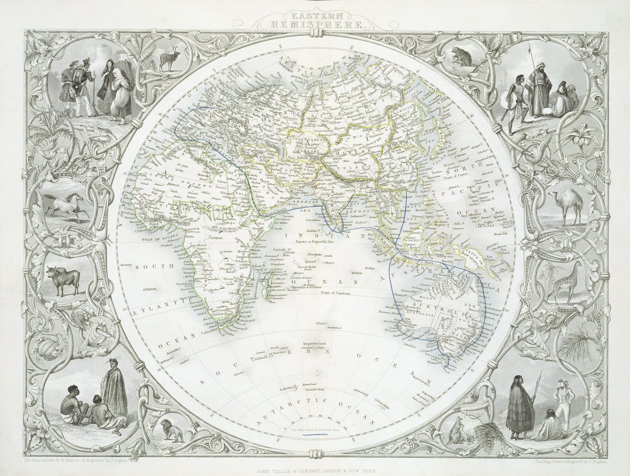 东半球，来自John Tallis und Co.，New York und London，1850年代出版的世界地图系列 作者 约翰·拉普金