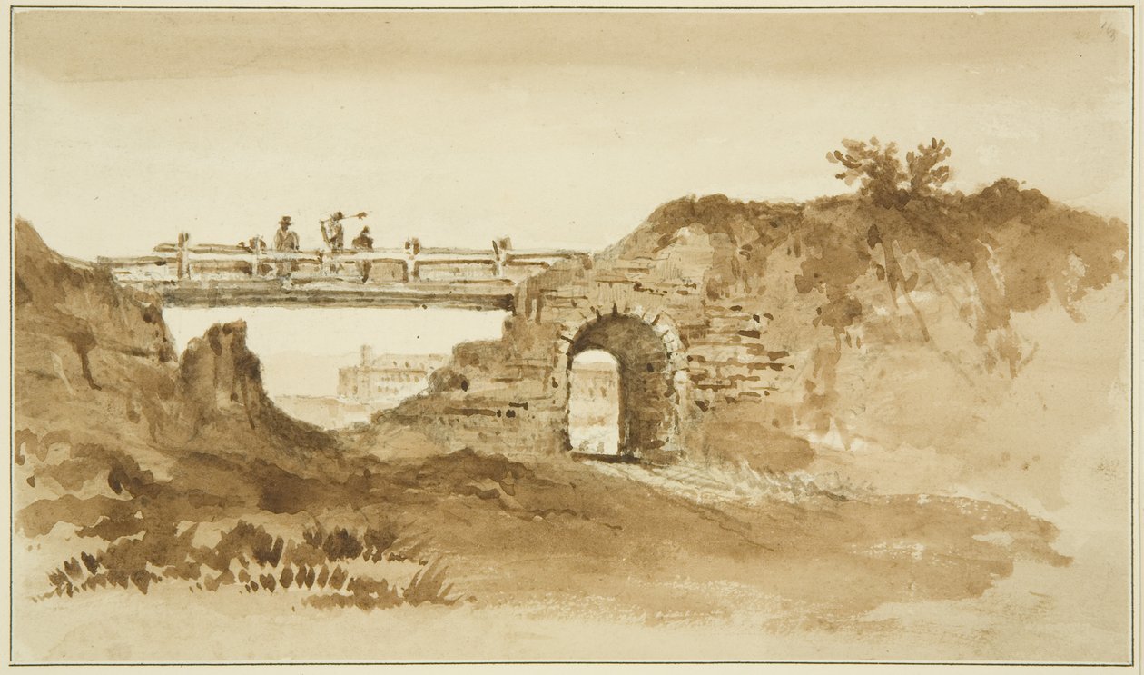 新监狱对面加冕路上的临时桥，约 1821 年（纸上铅笔和棕褐色水洗） 作者 约翰·里弗伦德·伊甸园
