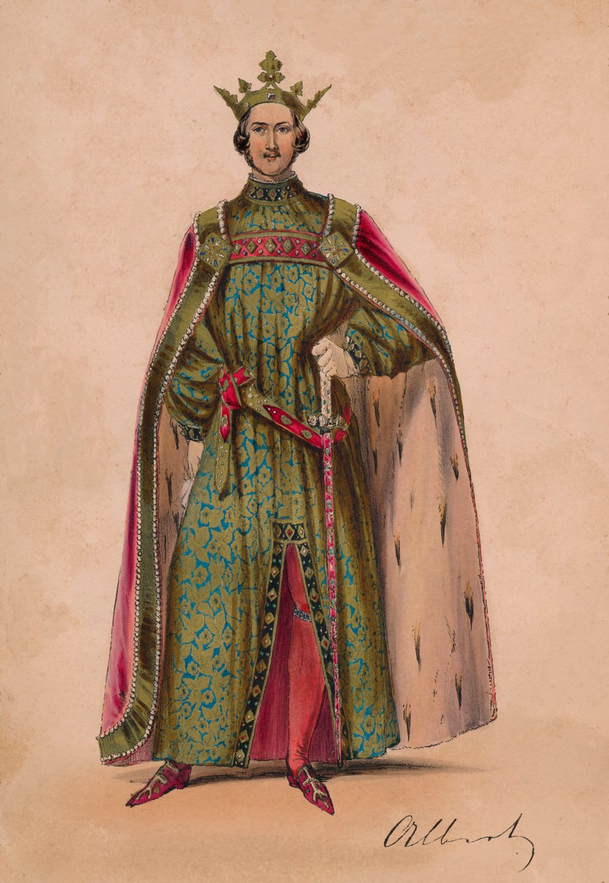 1842年1月12日，阿尔伯特亲王身着装扮成Plantagenet国王爱德华三世，现身BalCostumé，1842年5月12日。 作者 约翰·理查德·可可·史密斯