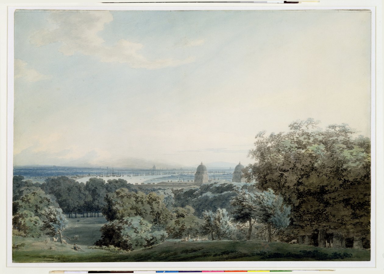 格林威治山的伦敦，c.1791（wc，黑色墨水和编织纸上的石墨清洗） 作者 约翰·罗伯特·科森斯