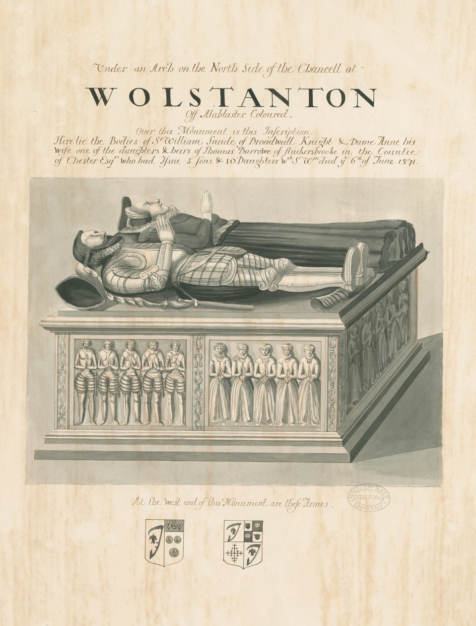 沃尔斯坦顿教堂（Wolstanton Church）-威廉·斯耐德爵士和安妮夫人陵墓：棕褐色和钢笔画，nd [？19th cent]（绘画） 作者 约翰·罗伯特·弗尼霍夫