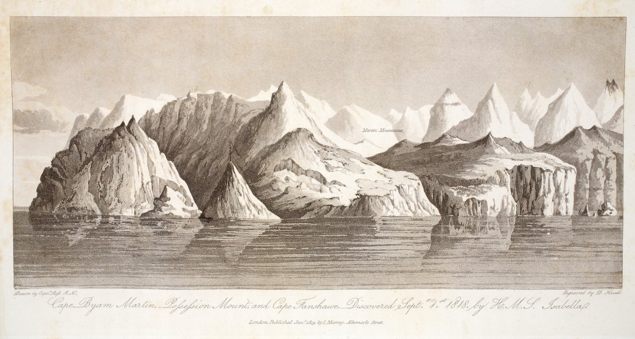 Cape Byam Martin，Pofsefsion Mount和Cape Fanshawe，于1818年9月1日由HMS Isabella发现，来自&39;A Voyage of discovery ...&39;，1819年 作者 约翰·罗斯