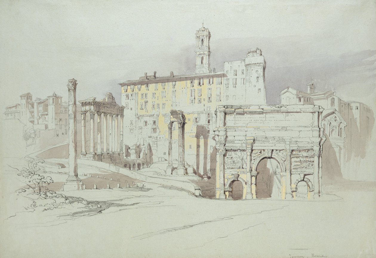 锡耶纳Palazzo Tolomei的窗户，显示1870年6月25日至27日的粗糙和不对称的大量石头铺设（水彩和蓝色编织纸上的石墨上的体色） 作者 约翰·拉斯金