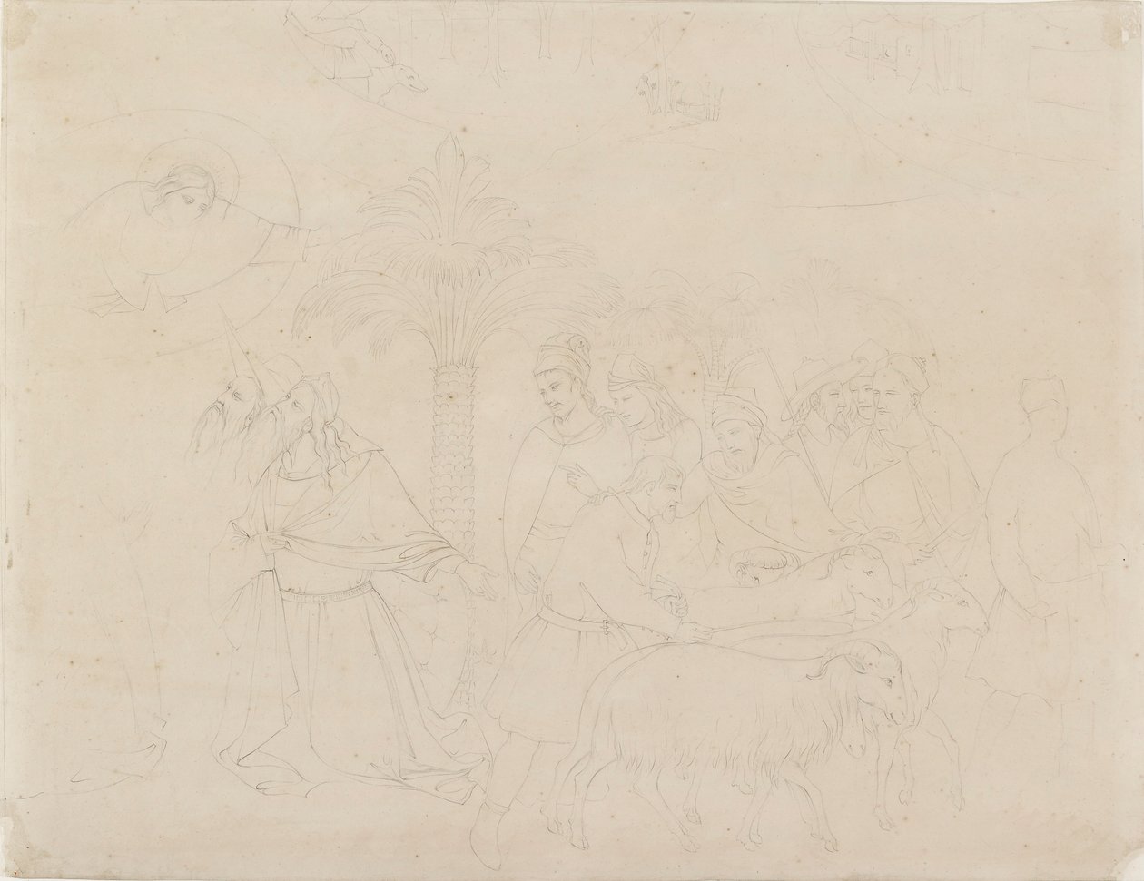 约伯的朋友》壁画部分的铅笔大纲，1845年 作者 约翰·拉斯金