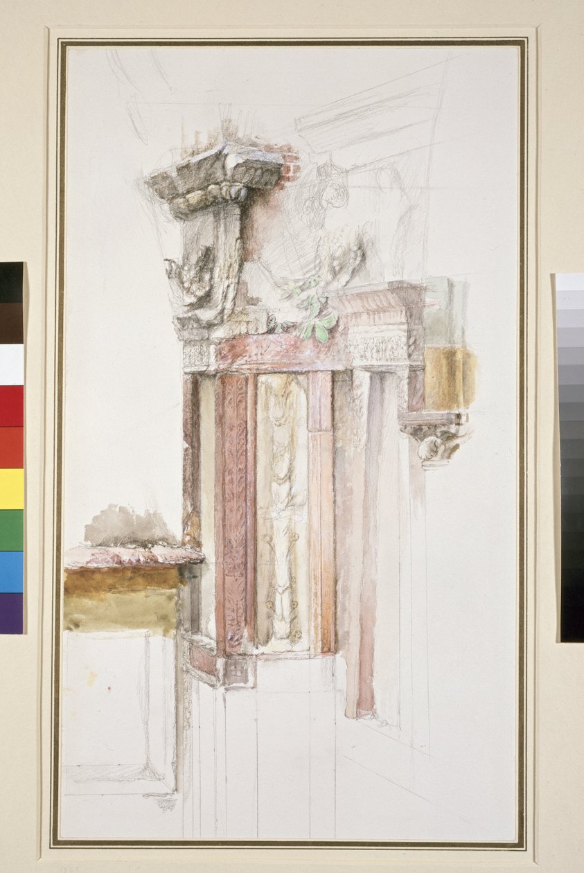 维罗纳Sant Anastasia门面的壁柱，1869年6月（wc＆bodycolour over graphite in paper，some lines ruled） 作者 约翰·拉斯金