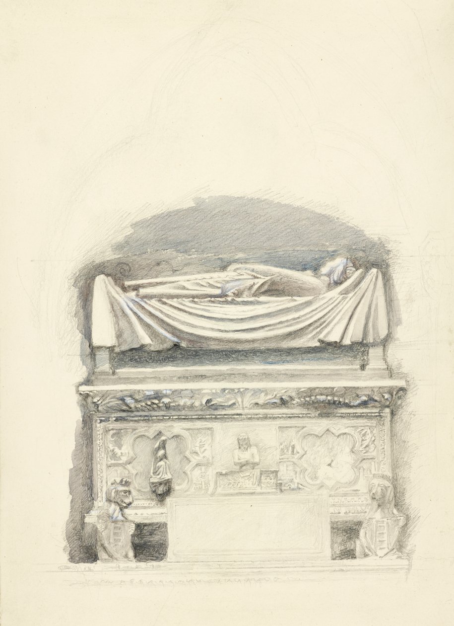 Cangrande I della Scala 墓的石棺和雕像，维罗纳，1869 年 5 月 21 日至 7 月 1 日（编织纸上的石墨、水彩和体色） 作者 约翰·拉斯金