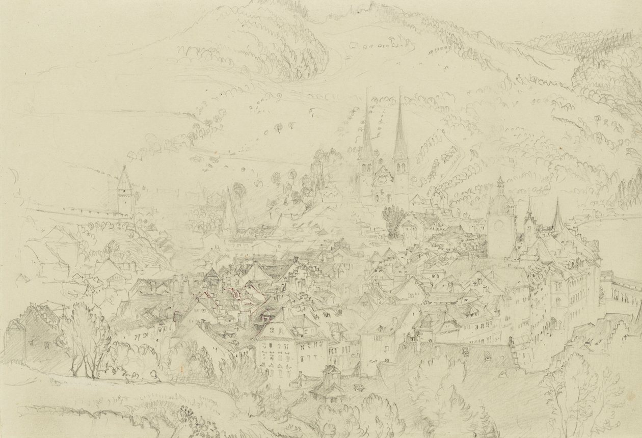 从上方俯瞰卢塞恩，1861 年 10 月至 12 月（石墨与浅灰色编织纸上的笔墨接触） 作者 约翰·拉斯金