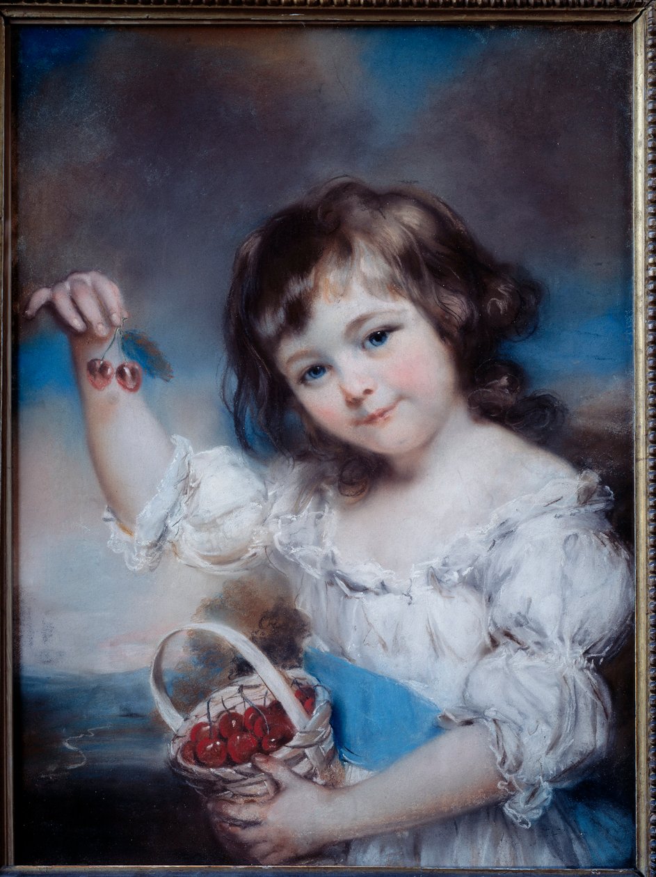 约翰·罗素 (1745-1806) 19 世纪的樱桃篮子里的小女孩画像 作者 约翰·罗素
