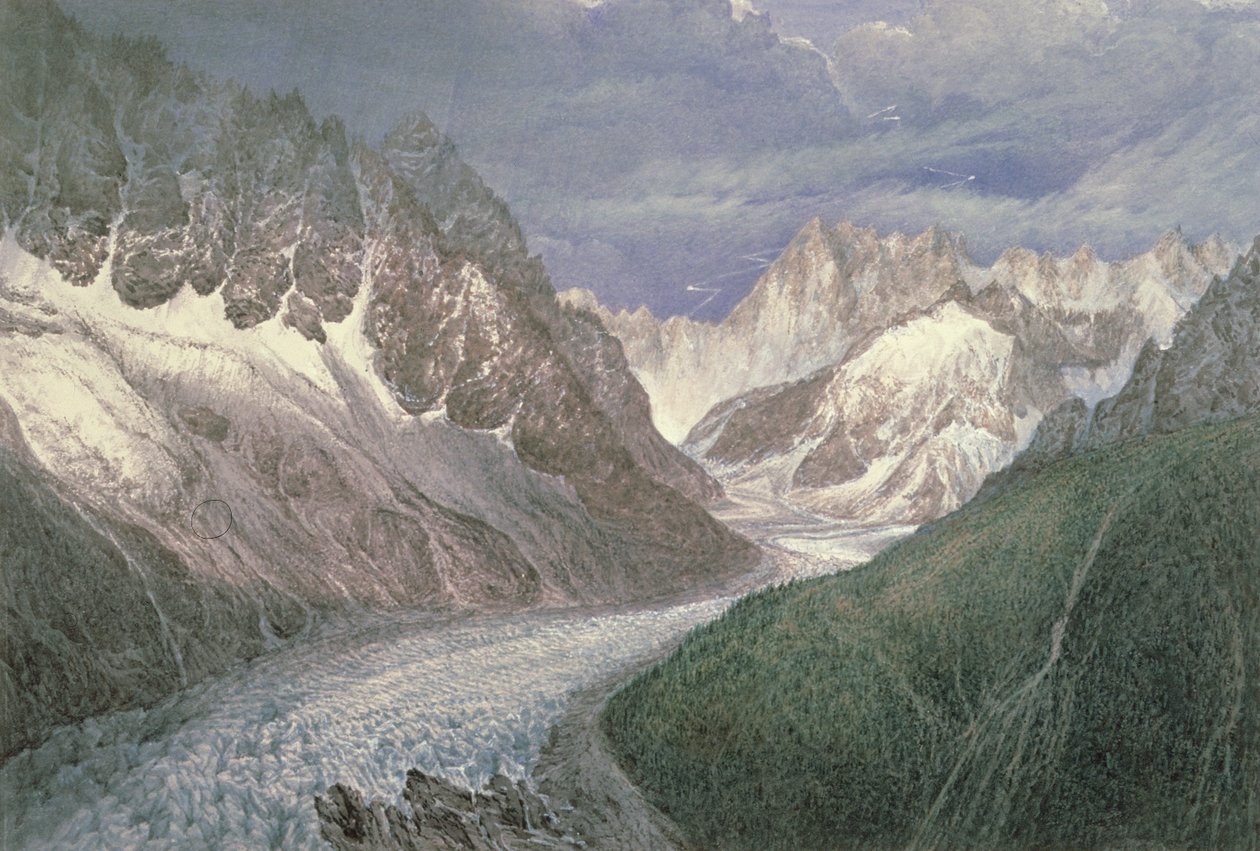 Mer de Glace的视图与左边的Aiguille du Moine和右边的Grandes Jorasses，19世纪 作者 约翰·斯坎德雷特·哈福德