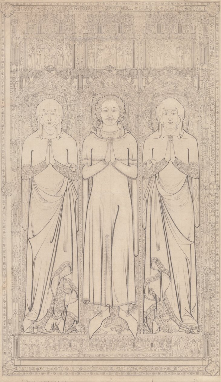 1364 年诺福克林恩圣玛格丽特教堂中罗伯特-布劳恩切和他的两位妻子的墓穴铜像 作者 约翰·塞尔·科特曼