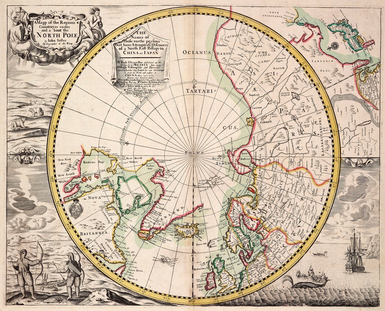 带北极圈的极地投影地图，约 1680 年（彩色雕刻） 作者 约翰·塞勒