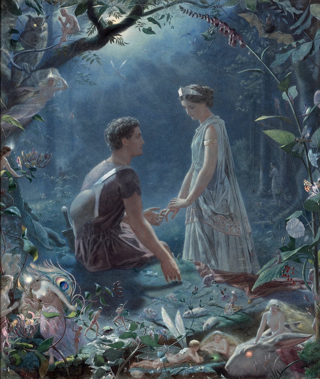 仲夏夜之梦》--赫米亚和莱桑德，《仲夏夜之梦》--约翰-西蒙斯（1823-1876）著 作者 约翰·西蒙斯