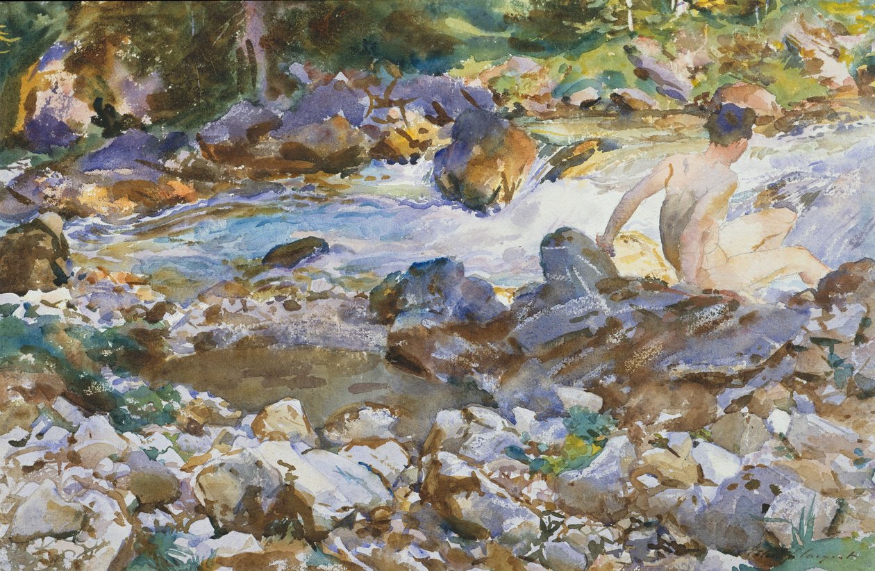 山间溪流，c.1912-14（灰白色纸上的水彩和石墨） 作者 约翰·辛格·萨金特