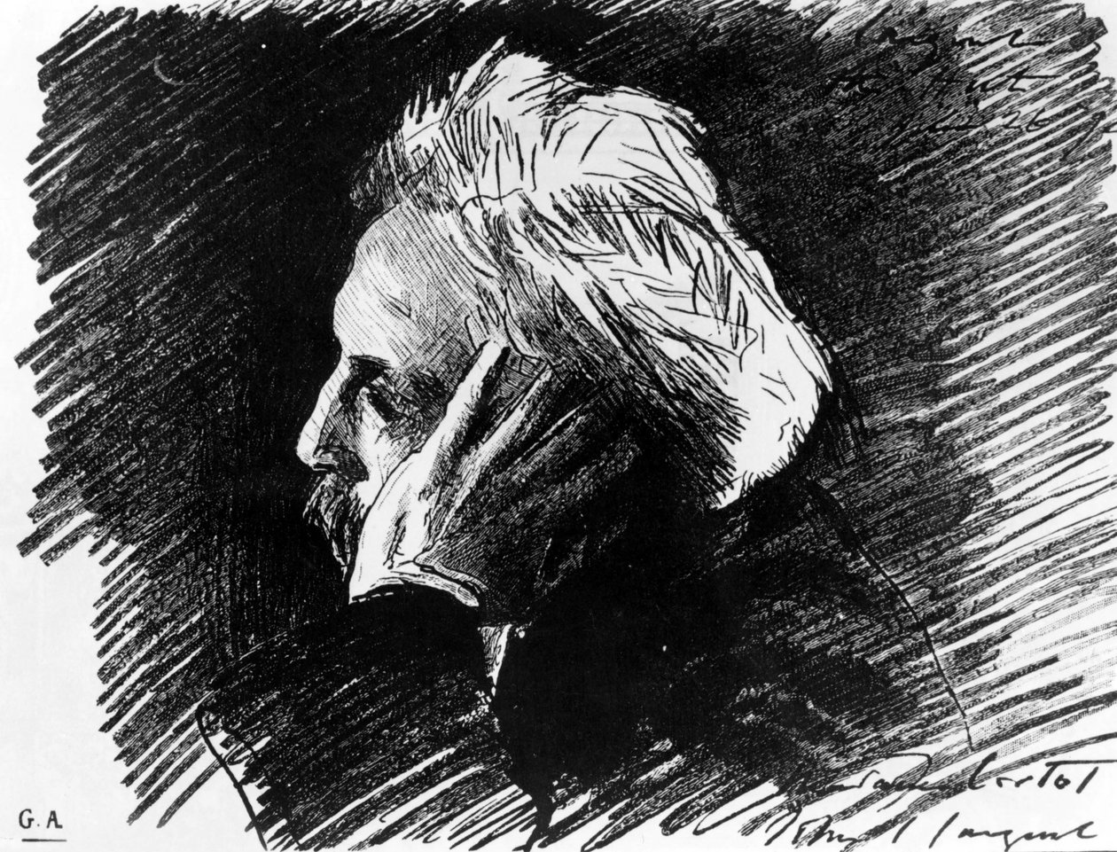 法国作曲家加布里埃尔·福雷 (Gabriel Faure) (1845 - 1924) 的肖像。 他的朋友约翰·辛格·萨金特 (John Singer Sargent) 的木炭 (1898)。 作者 约翰·辛格·萨金特