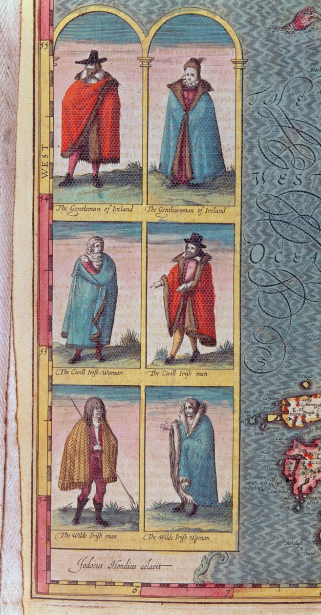 爱尔兰&39;类型&39;，来自爱尔兰王国的细节，由Jodocus Hondius（1563-1612）雕刻而成，来自“英国帝国剧院”，酒吧。作者：John Sudbury和George Humble，1610年（彩色en 作者 约翰·斯皮德