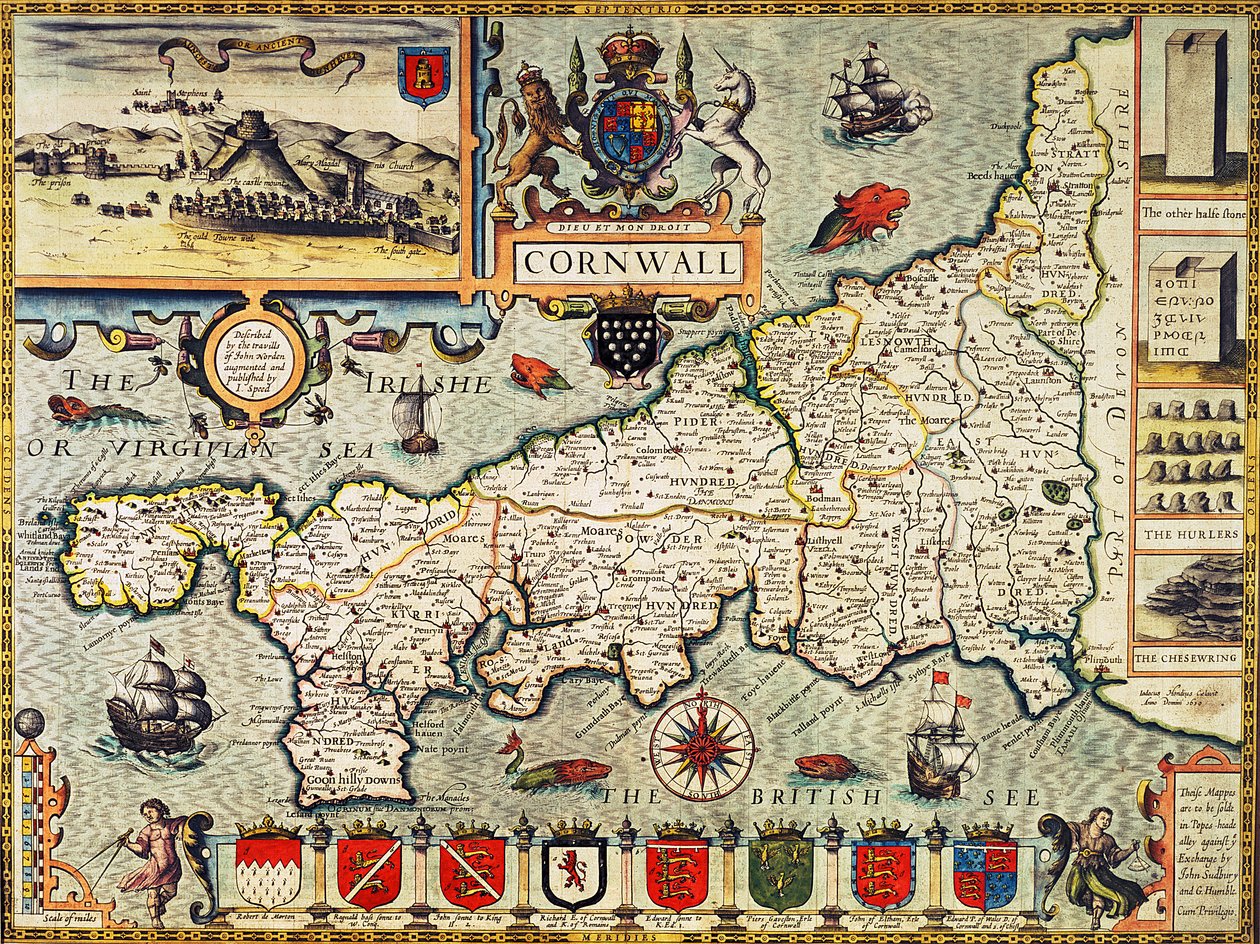 康沃尔郡的地图，来自&39;英国帝国剧院&39;，酒吧。在伦敦由George Humble，1627年版（手工彩色雕刻） 作者 约翰·斯皮德