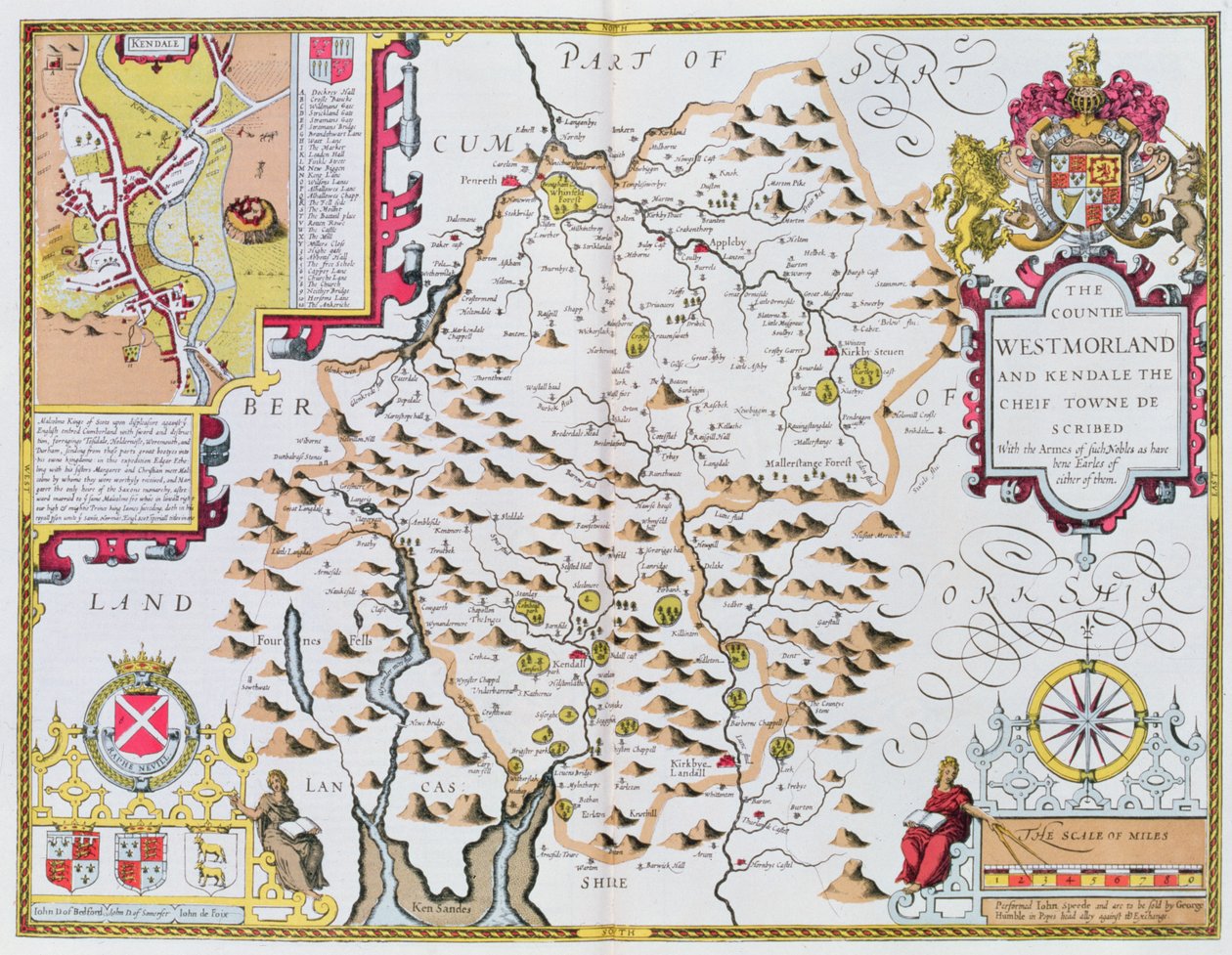 Westmorland的Countie，由Jodocus Hondius（1563-1612）雕刻，来自英国帝国的John Speeds剧院，酒吧。作者：John Sudbury和George Humble，1611-12（手工彩色铜版画 作者 约翰·斯皮德