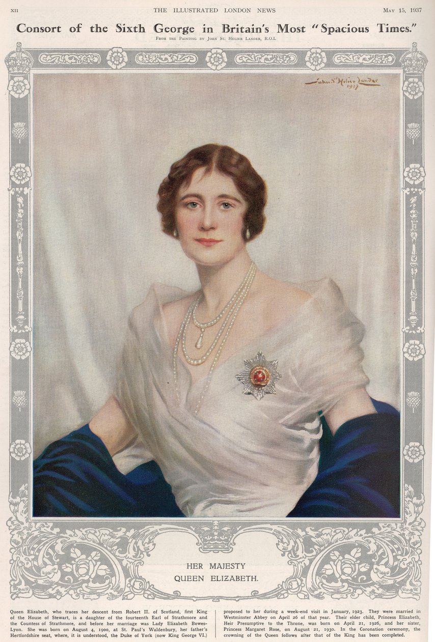 英国女王伊丽莎白（1900-2002）的肖像，来自“伦敦新闻画报”，1937年5月15日 作者 约翰·圣赫利尔·兰德